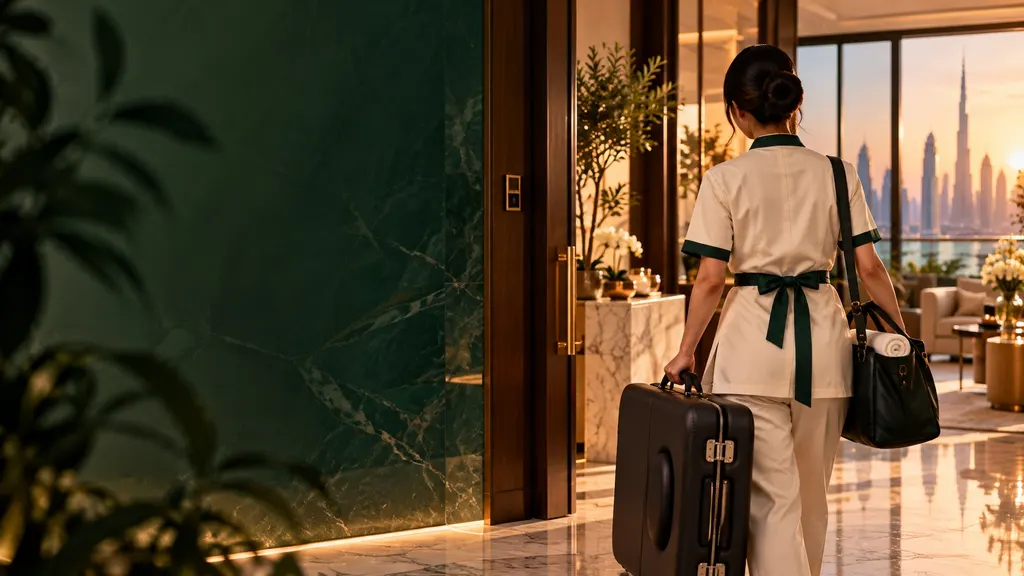Professional female therapist arriving at a Dubai apartment with her massage table