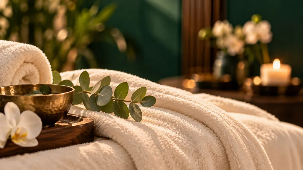 Ivory linens, a brass bowl of oil and white orchids beside a massage table
