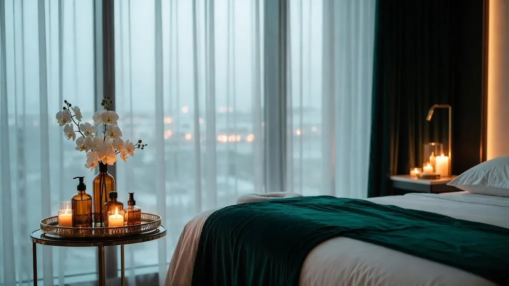Sheer curtains, a bed with an emerald runner and candles in a Dubai room at dusk