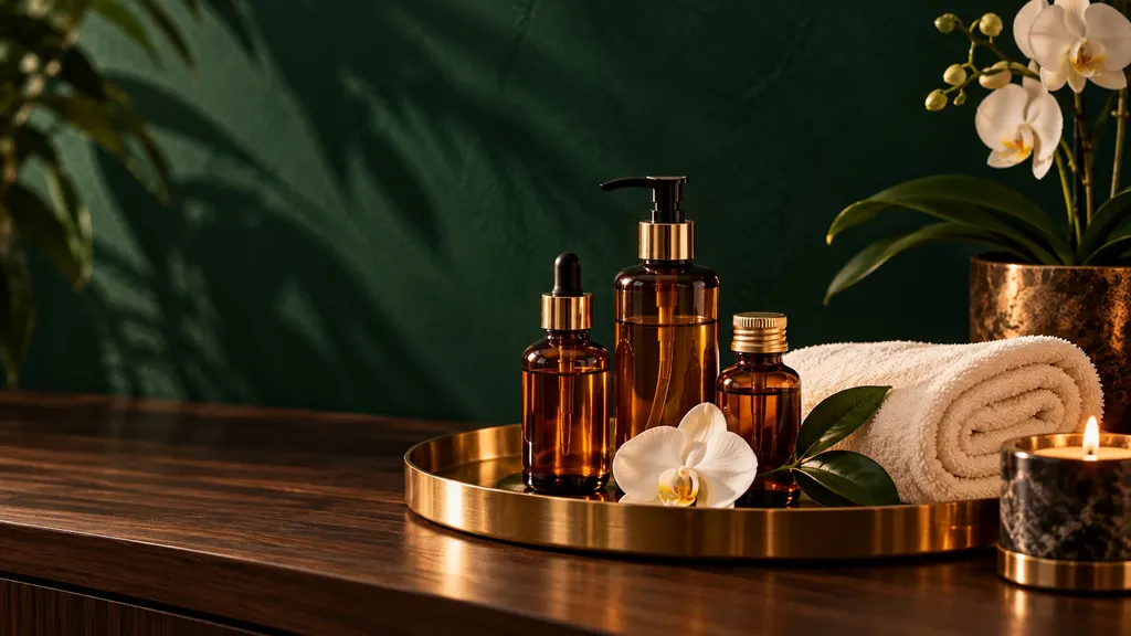 Amber oil bottles, white orchids and rolled towels on a brass tray
