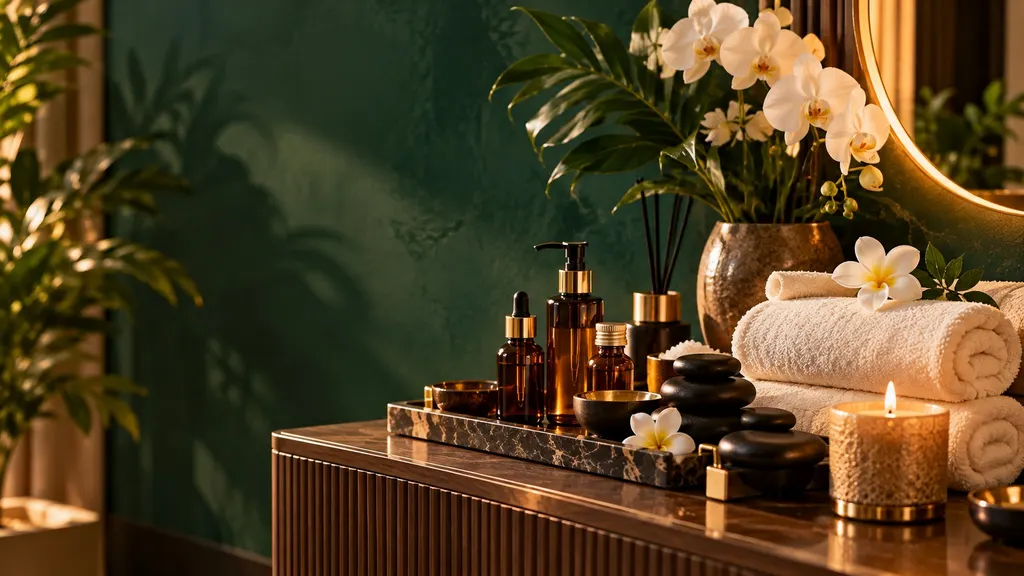 Candles, amber oil bottles and white orchids beside folded towels