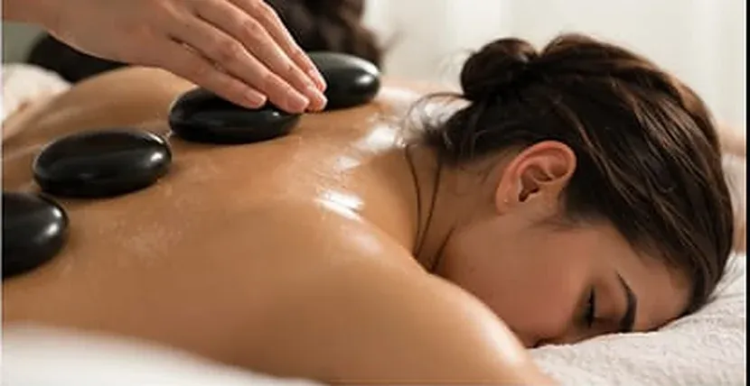 Smooth heated stones resting along a client's back during a hot stone massage