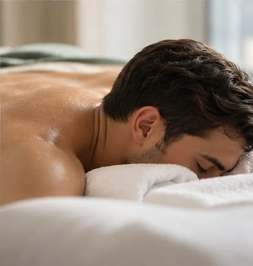 Man relaxing on a massage table during a sports recovery massage