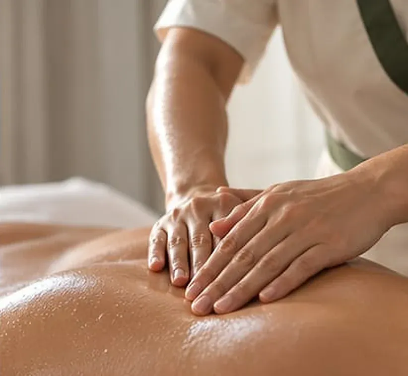 Therapist's hands giving a relaxing Swedish massage on the upper back