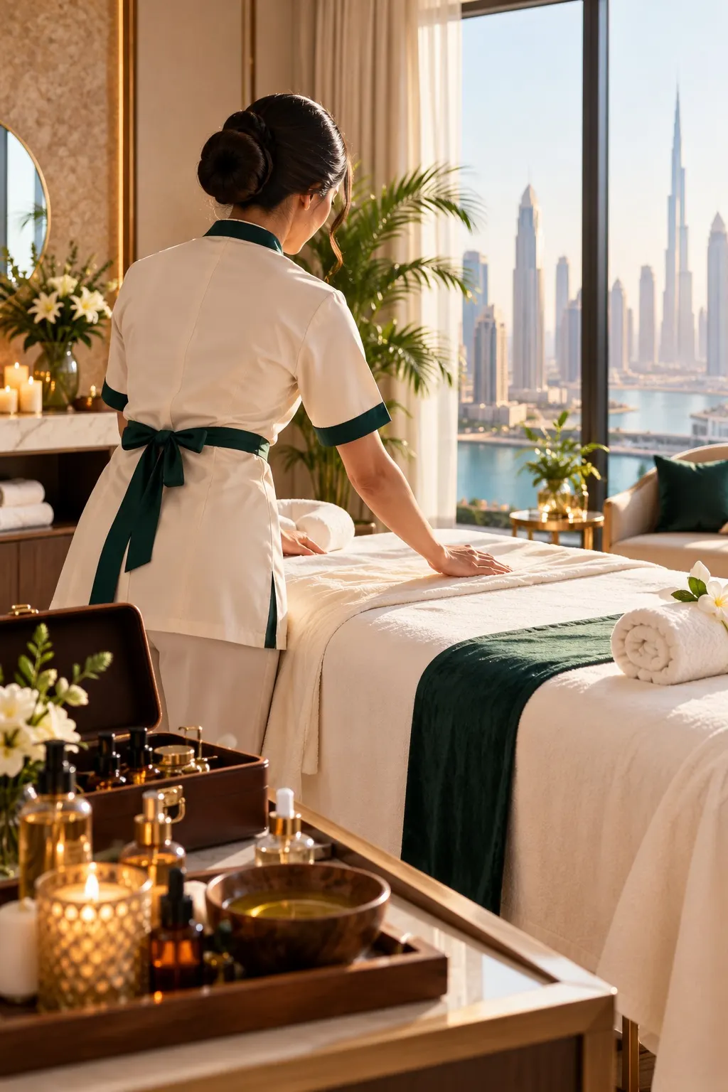 Professional female therapist preparing a massage table with ivory linens in a Dubai apartment